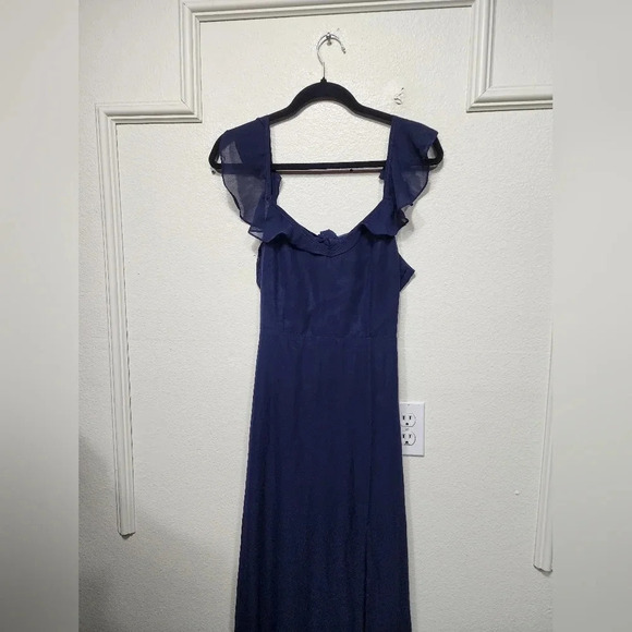 Lulu's Sweetest Entrance Navy Blue Ruffled Tie-Back Maxi Dress M Wedding Party - Picture 7 of 11